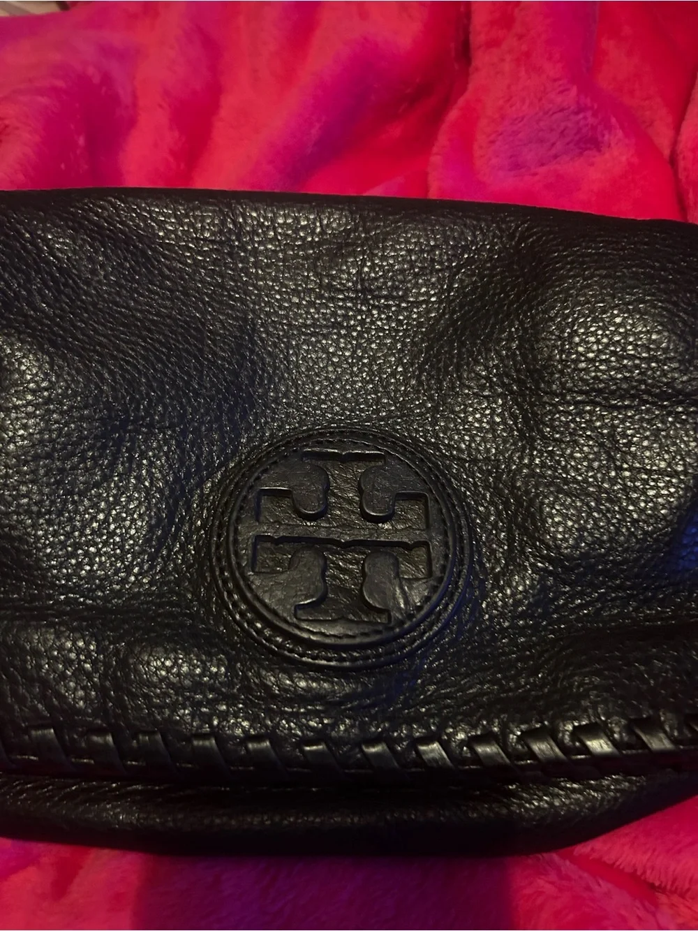 Tory Burch Black Pebbled Leather Fold-Over Clutch